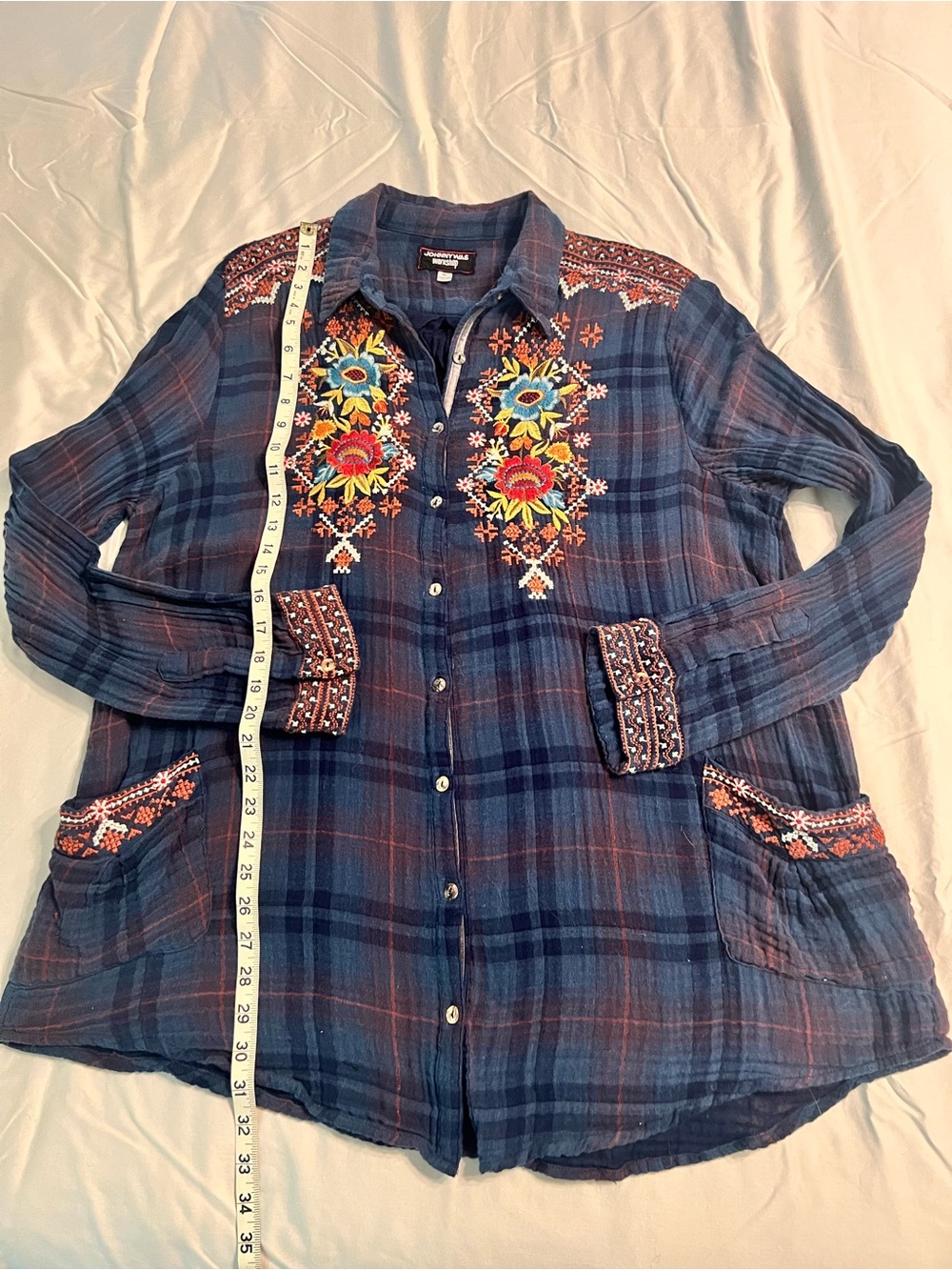 Johnny Was Navy Plaid Embroidered Button-Up Shirt